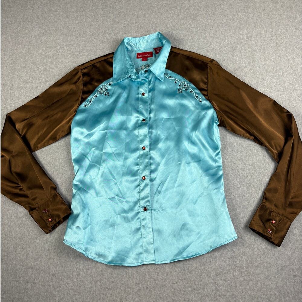 Panhandle Slim Western Shirt M Turquoise Brown Rhinestone Pearl Snap Cowgirl